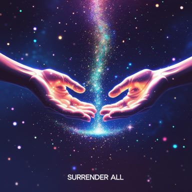 Surrender AII Outstretched hands reaching towards a glowing, swirling galaxy, with "Surrender All" below.