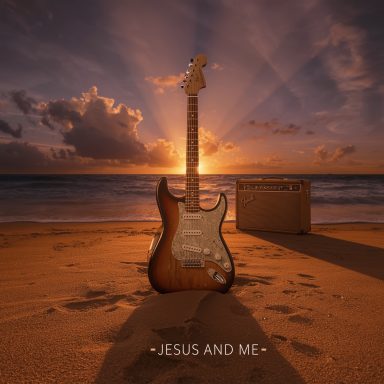 Jesus and ME A guitar and amplifier on a beach at sunset with the text "Jesus and Me."
