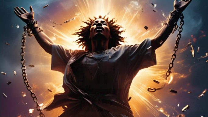 Jesus Is Calling A Woman breaking free from chains, surrounded by a bright, explosive light.