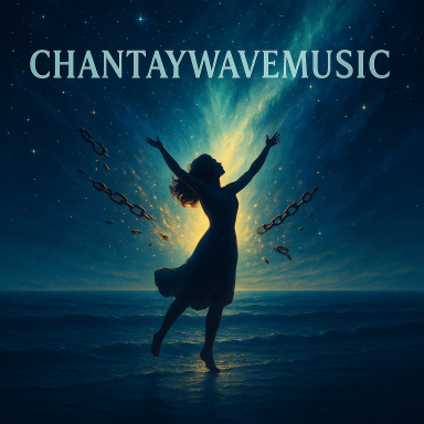 ChantayWaveMusic Silhouette of a woman dancing joyfully against a starry sky with glowing light beams.