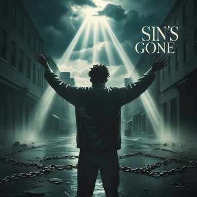 SIN'S GONE A person with outstretched arms stands in a foggy street, illuminated by beams of light.