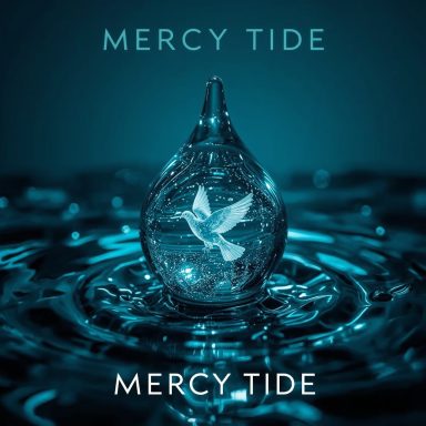 Mercy Tide A water droplet with a white dove inside, surrounded by a blue background.