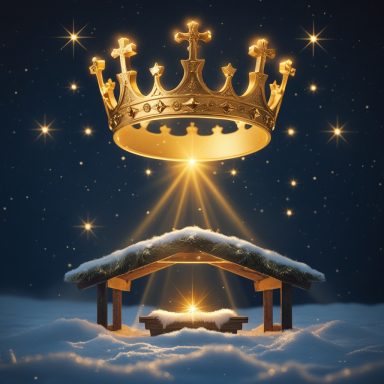 Kings of Kings Christmas Crown A golden crown above a stable, illuminated by beams of light in a snowy scene.