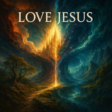 LOVE JESUS A vibrant landscape with a glowing tree and the text "LOVE JESUS" at the top.
