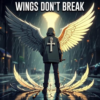 WINGS DON’T BREAK A person in a hooded jacket stands in the rain, surrounded by glowing angel wings.