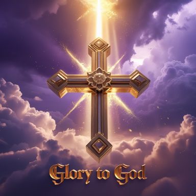 Glory to God Golden cross emitting light above clouds with the text "Glory to God" below.