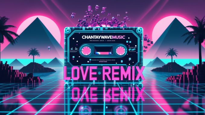 LOVE REMIX Retro cassette tape with "LOVE REMIX" text in a vibrant, neon landscape with pyramids.
