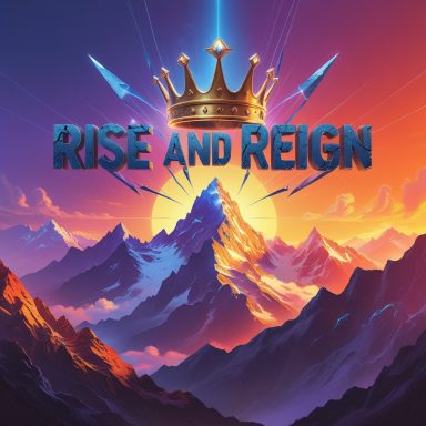 Rise and Reign A vibrant landscape with mountains, sun, and the text "Rise and Reign" in bold letters.