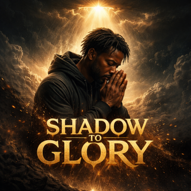 SHADOW TO GLORY A man in a hoodie prays, surrounded by dramatic clouds and light, with "SHADOW TO GLORY" text.