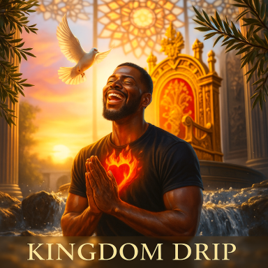 KINGDOM DRIP A man prays with a glowing heart, surrounded by a serene, vibrant setting.